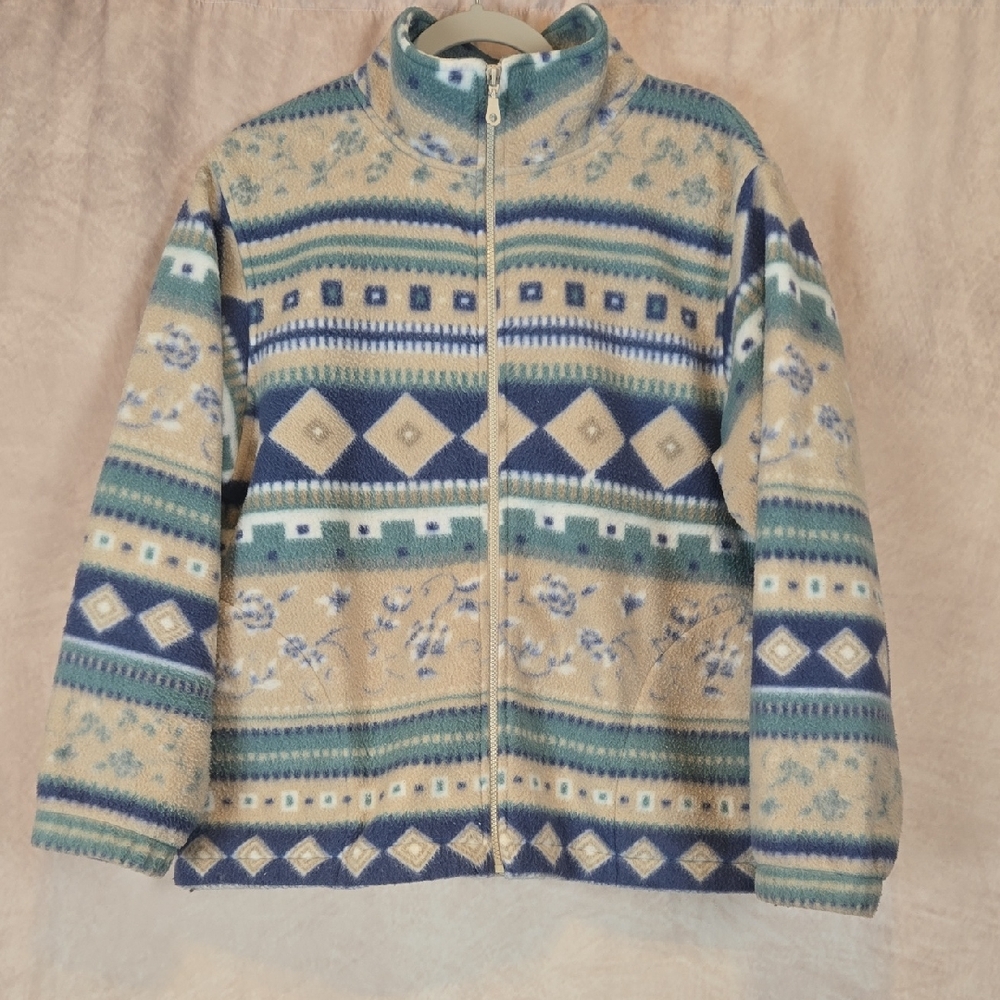 Alfred Dunner Blue and Cream Southwest Fleece Jacket